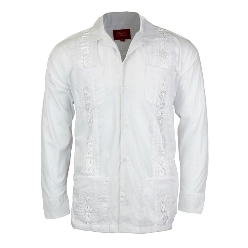 Men's Long Sleeve Guayabera Cuban Beach Wedding Button-Up Dress Shirt White